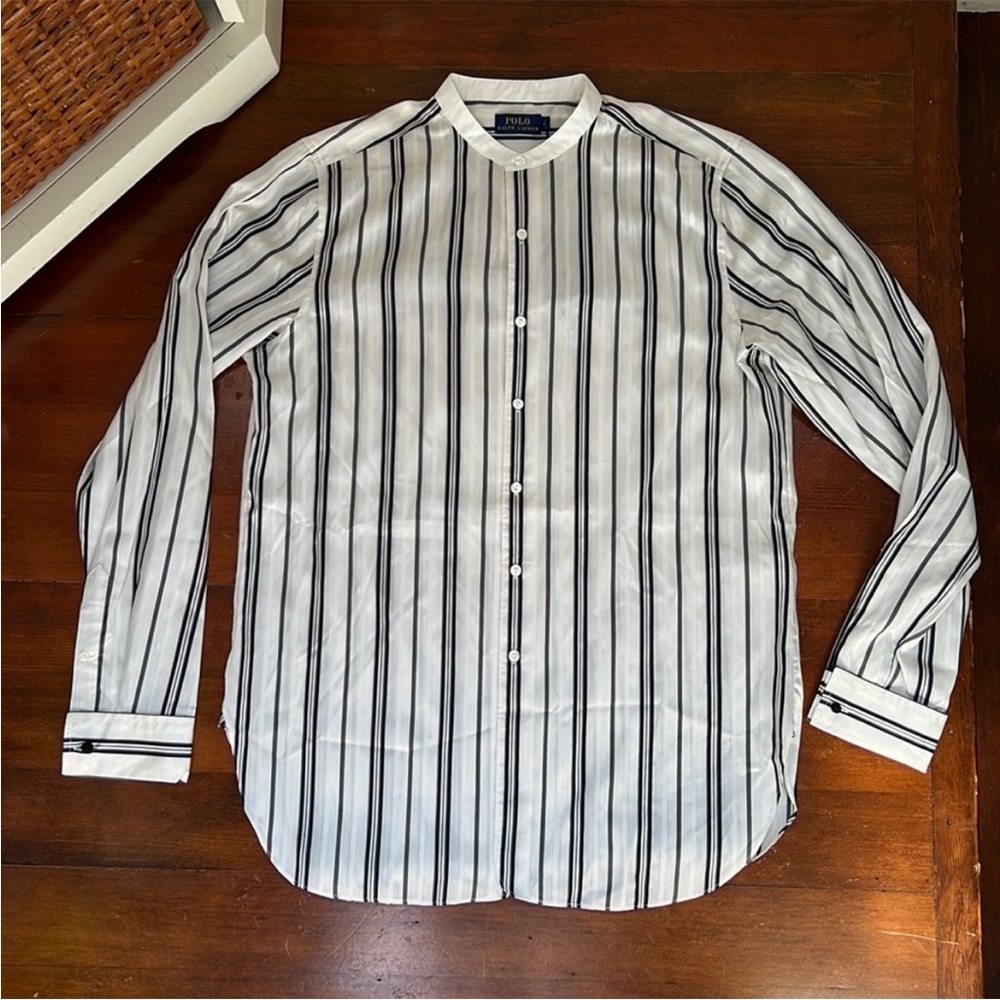 NWT Polo Ralph Lauren Mulberry Silk Shirt in Oyster and Black Stripe